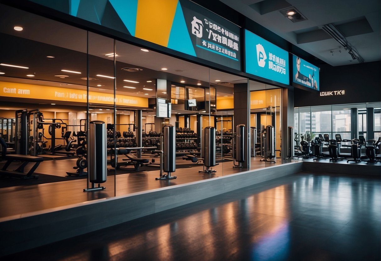 A vibrant gym with bold signage promoting exclusive deals for members in Singapore. Bright lights and energetic atmosphere