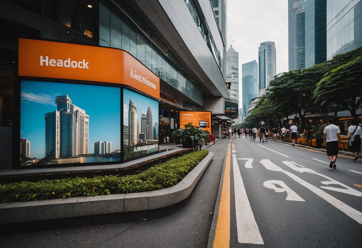 A bustling city street with a vibrant HeadRock VR promotions sign in Singapore