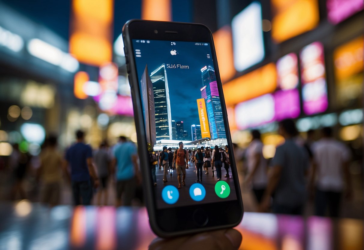 A mobile phone surrounded by vibrant promotional banners and signs in Singapore