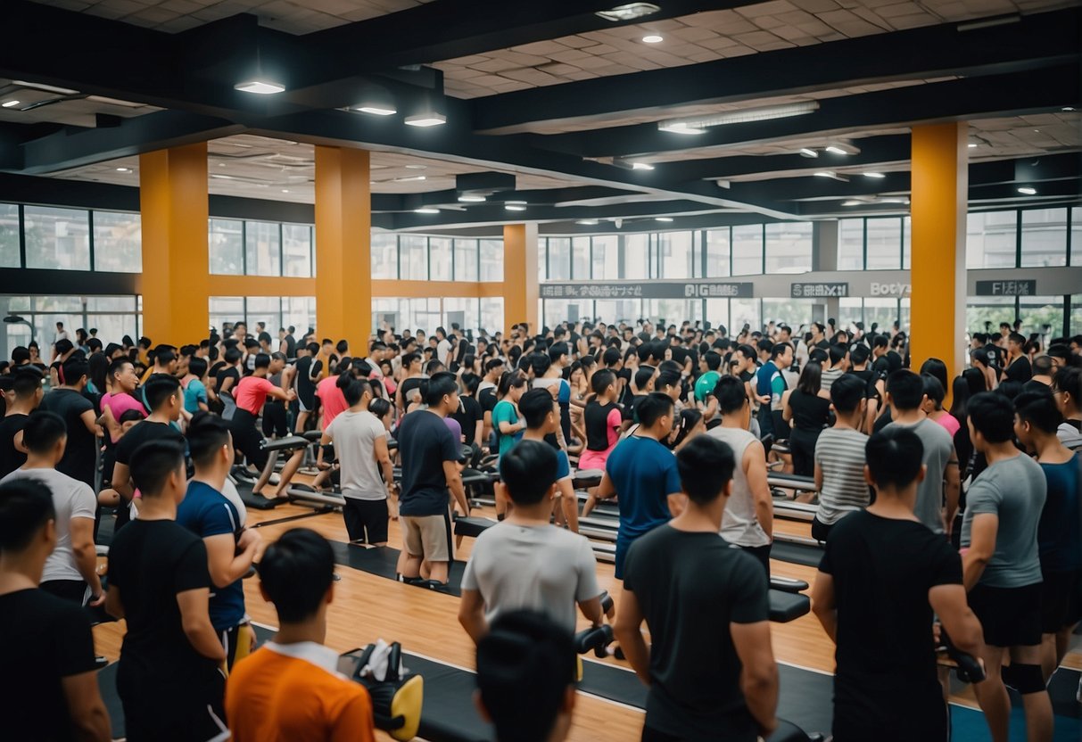 A crowded gym with people signing up for promotions in Singapore