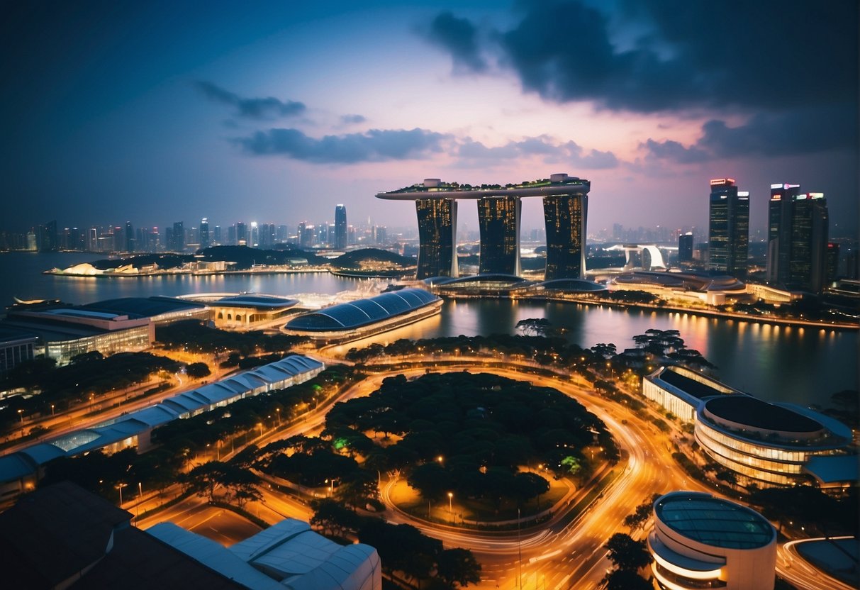 A vibrant cityscape with iconic landmarks and bustling streets in Singapore, showcasing the energy and excitement of Hang Ten promotions