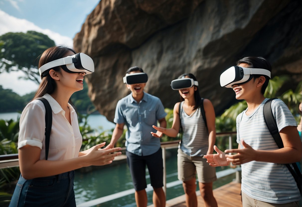 Excited visitors explore virtual reality adventures at Sentosa's Headrock VR promotions in Singapore