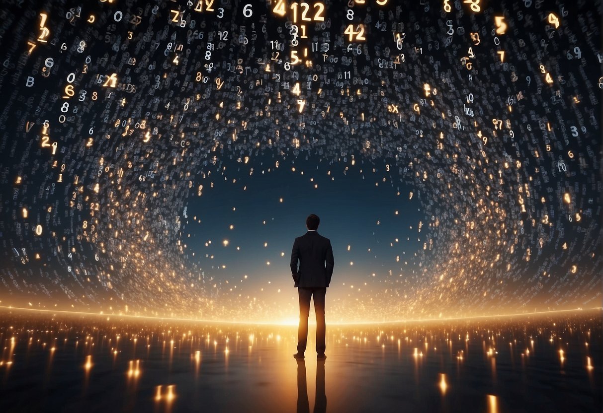 A person surrounded by meaningful numbers: 111, 222, 333, etc. Numbers float around them, glowing with divine energy