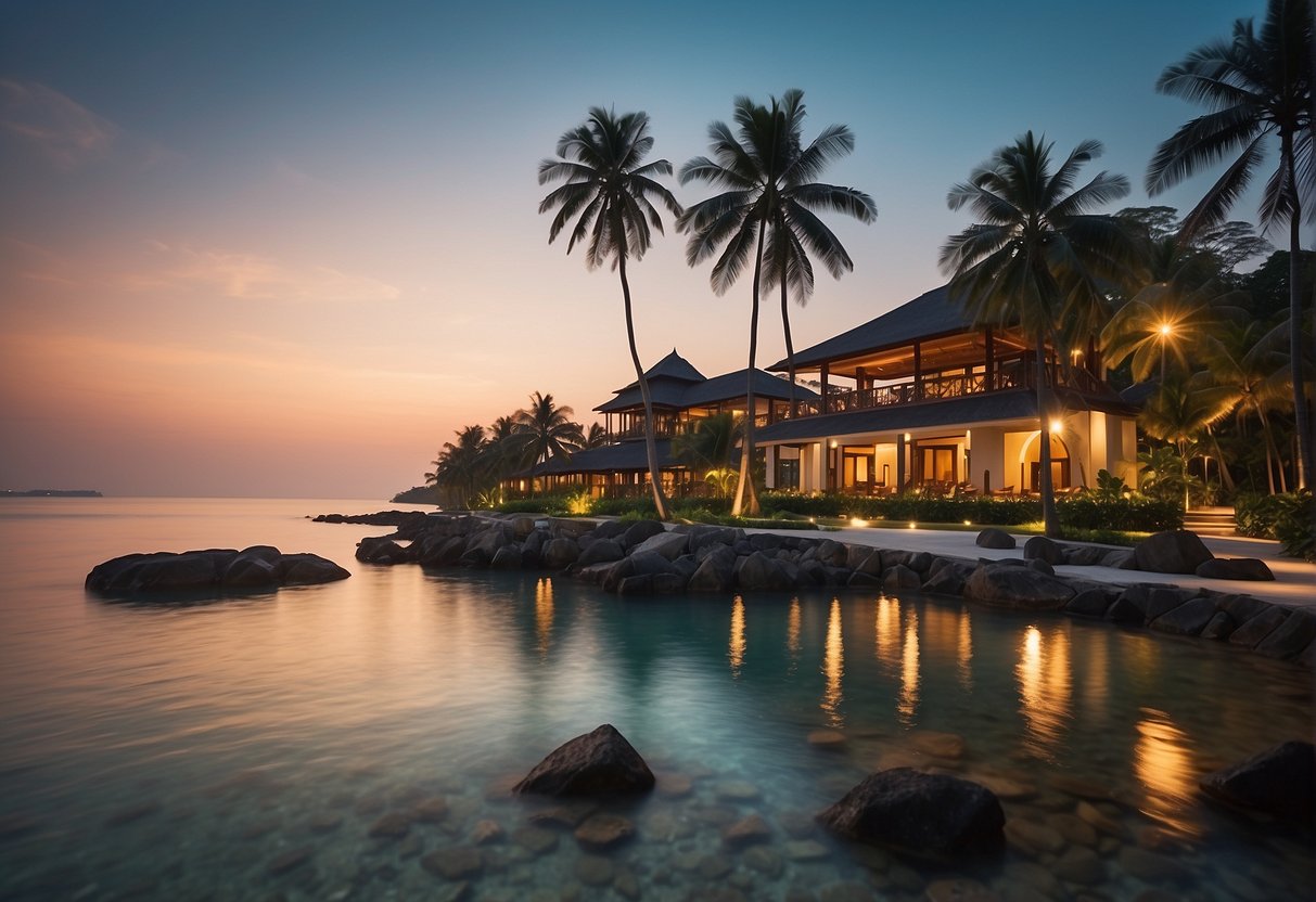 A luxurious beachfront resort in Bintan, with palm trees, crystal-clear waters, and a sunset backdrop. Special offers and promotions are highlighted