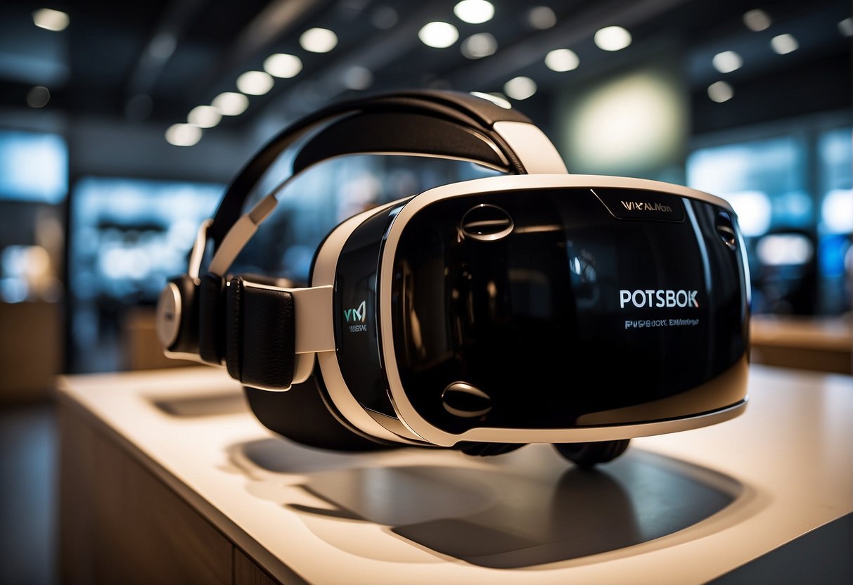 A VR headset displayed with promotional banners and logos at a Singaporean retail store
