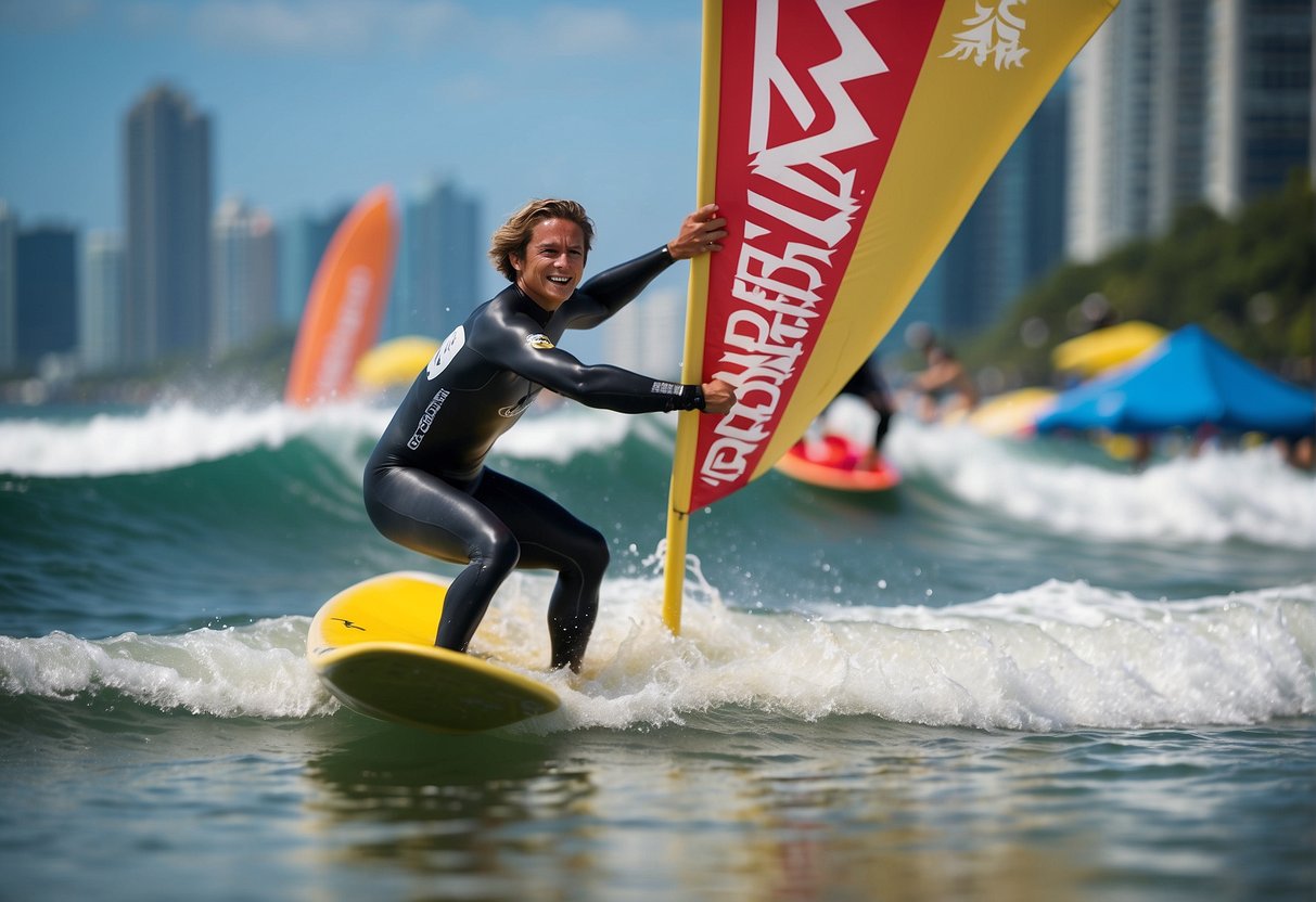 A surfer riding a wave with a banner displaying "Hang Ten Promotions Singapore 2024" in the background