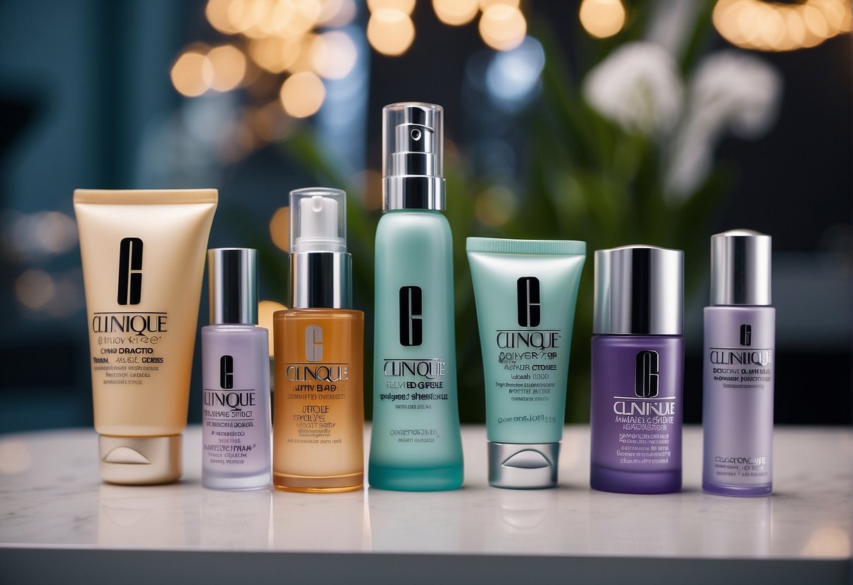 A display of Clinique skincare products with promotional signs and banners