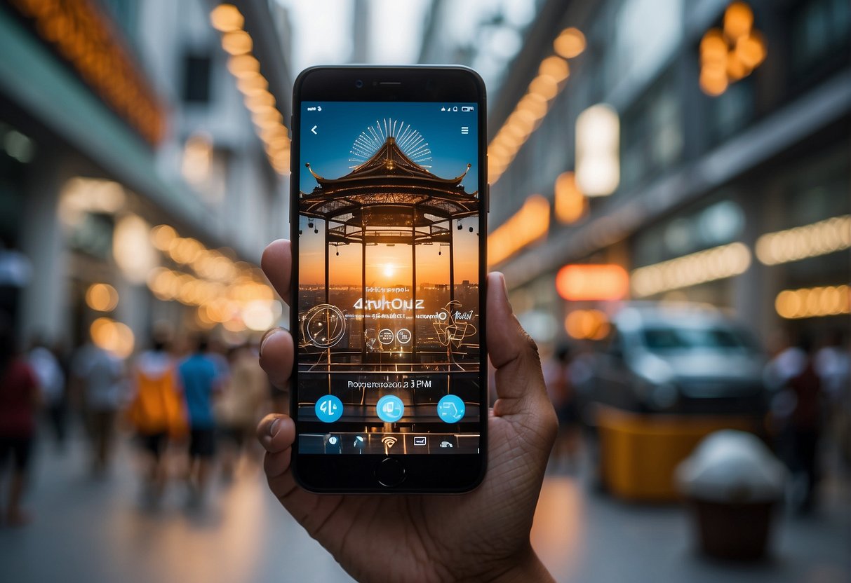 A smartphone surrounded by promotional banners and logos in Singapore