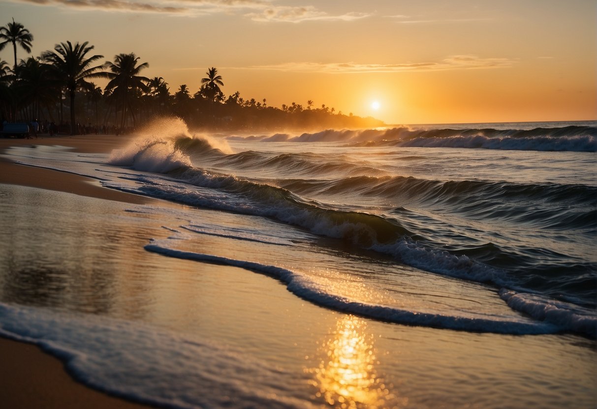 Waves crashing on sandy shores, palm trees swaying in the breeze, surfboards lined up along the beach, and the sun setting over the horizon