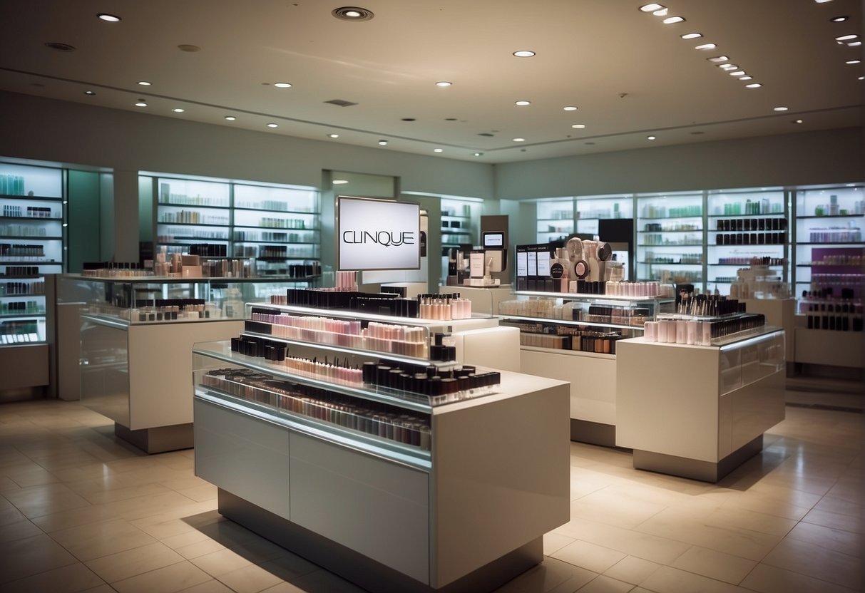 A display of Clinique makeup products arranged attractively with promotional signage in a Singaporean beauty store