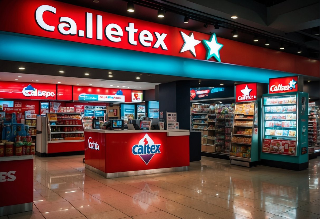 A vibrant display of Caltex promotions in Singapore, featuring colorful signage and eye-catching offers