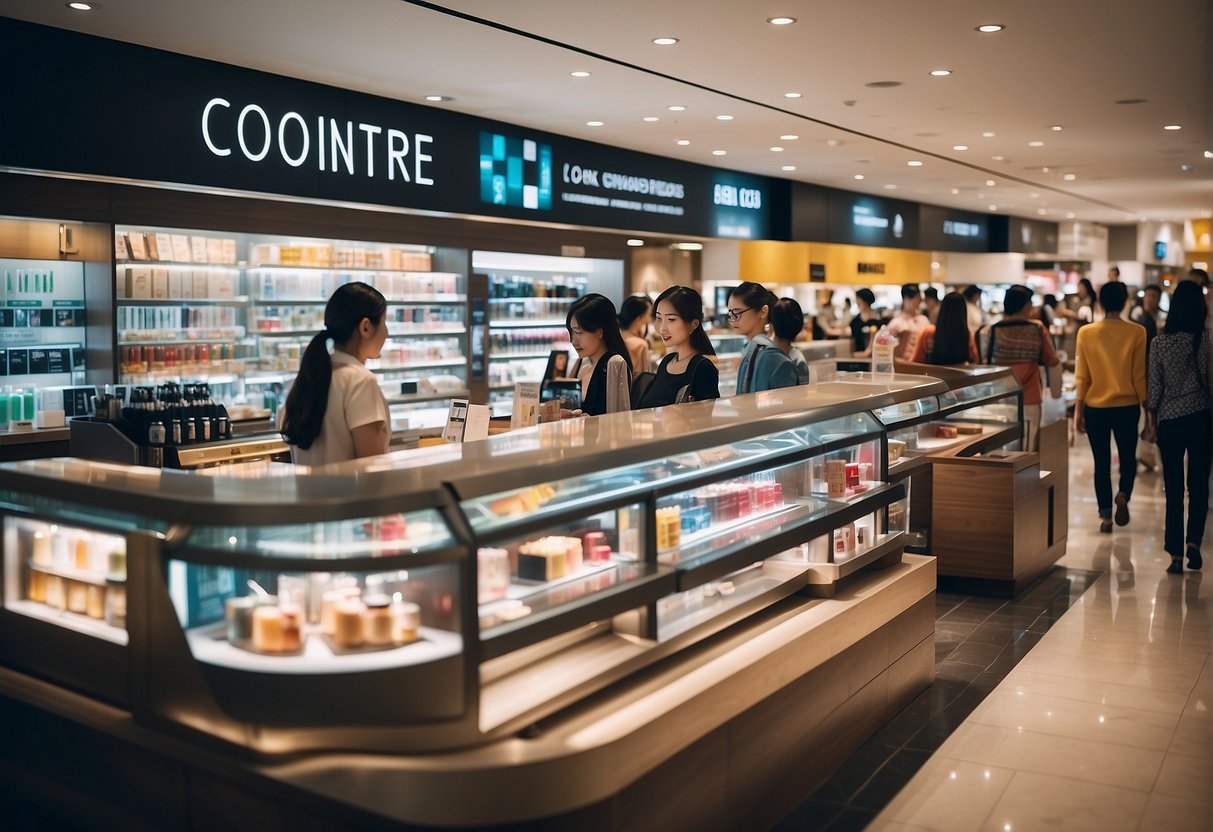 A bustling beauty counter with colorful promotional displays and a queue of customers in a Singaporean mall