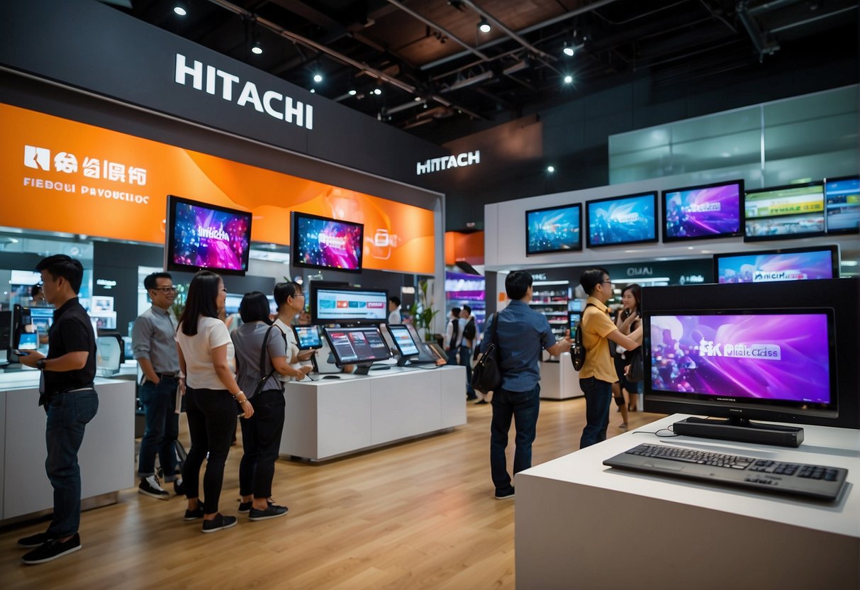 Vibrant Hitachi promotions in Singapore, featuring colorful displays and enthusiastic customers engaging with the latest products