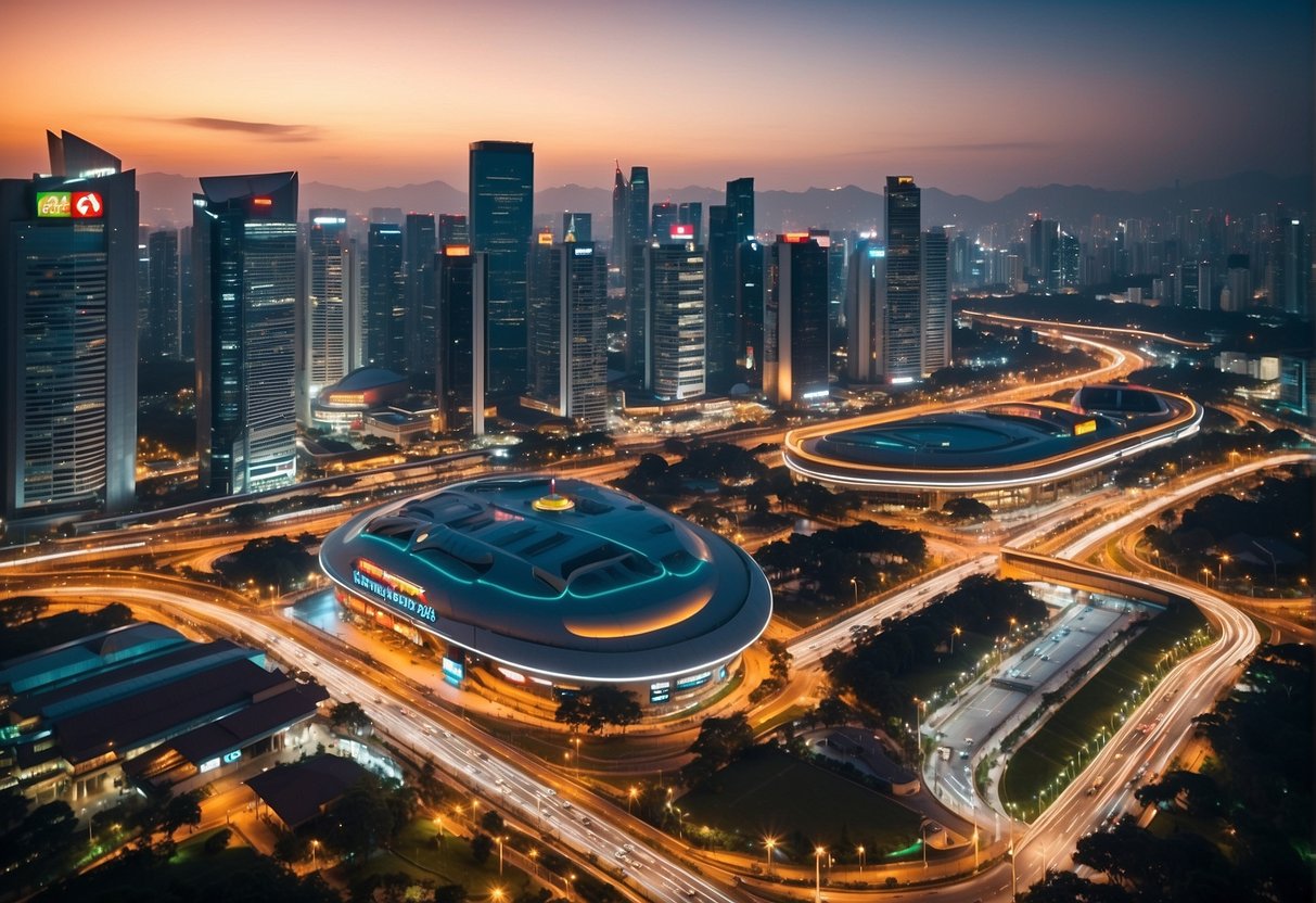 A vibrant Singapore cityscape with a prominent Caltex station displaying "Exclusive 2024 Fuel Savings" promotions. Bright lights and bustling activity convey a sense of excitement and opportunity