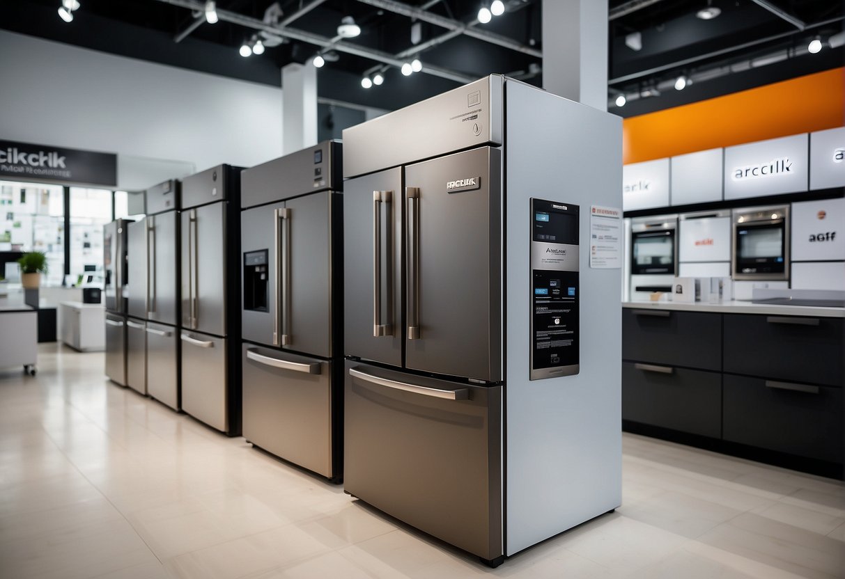 Arcelik refrigerators on sale, Hitachi promotions in Singapore. Displayed in a bright, clean showroom with eye-catching signage and attractive pricing