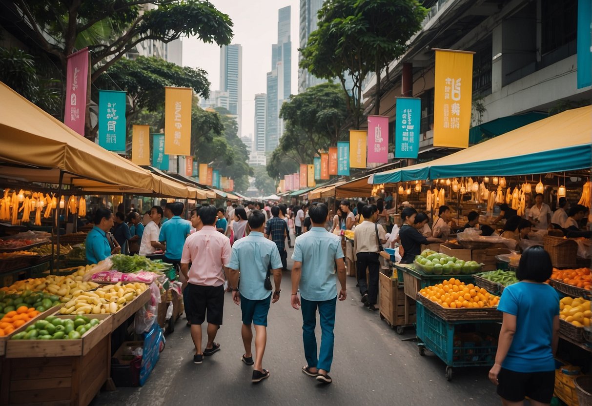 A colorful street market in Singapore, with vibrant banners and signs advertising "Holey Moley Promotions." The scene is bustling with activity and filled with excited shoppers