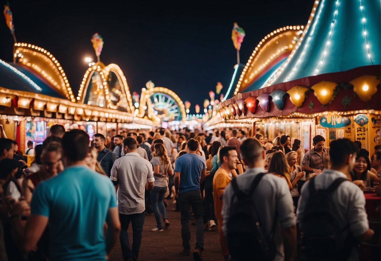 A vibrant, bustling carnival with colorful booths and games, surrounded by excited patrons enjoying the lively atmosphere