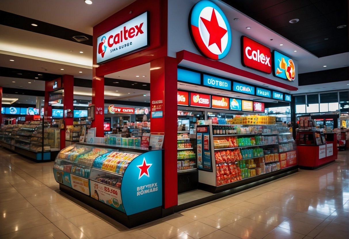 A vibrant display of Caltex promotions in Singapore, featuring eye-catching signage and attractive offers