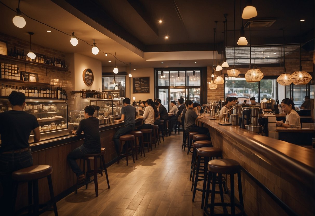 A bustling cafe with a vibrant atmosphere, filled with customers enjoying their freshly brewed Hoshino coffee. The aroma of coffee fills the air as baristas skillfully prepare each cup with precision