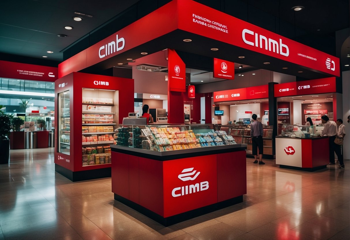 A vibrant display of CIMB promotional materials, featuring bold colors and eye-catching designs, draws in customers at a bustling Singapore location