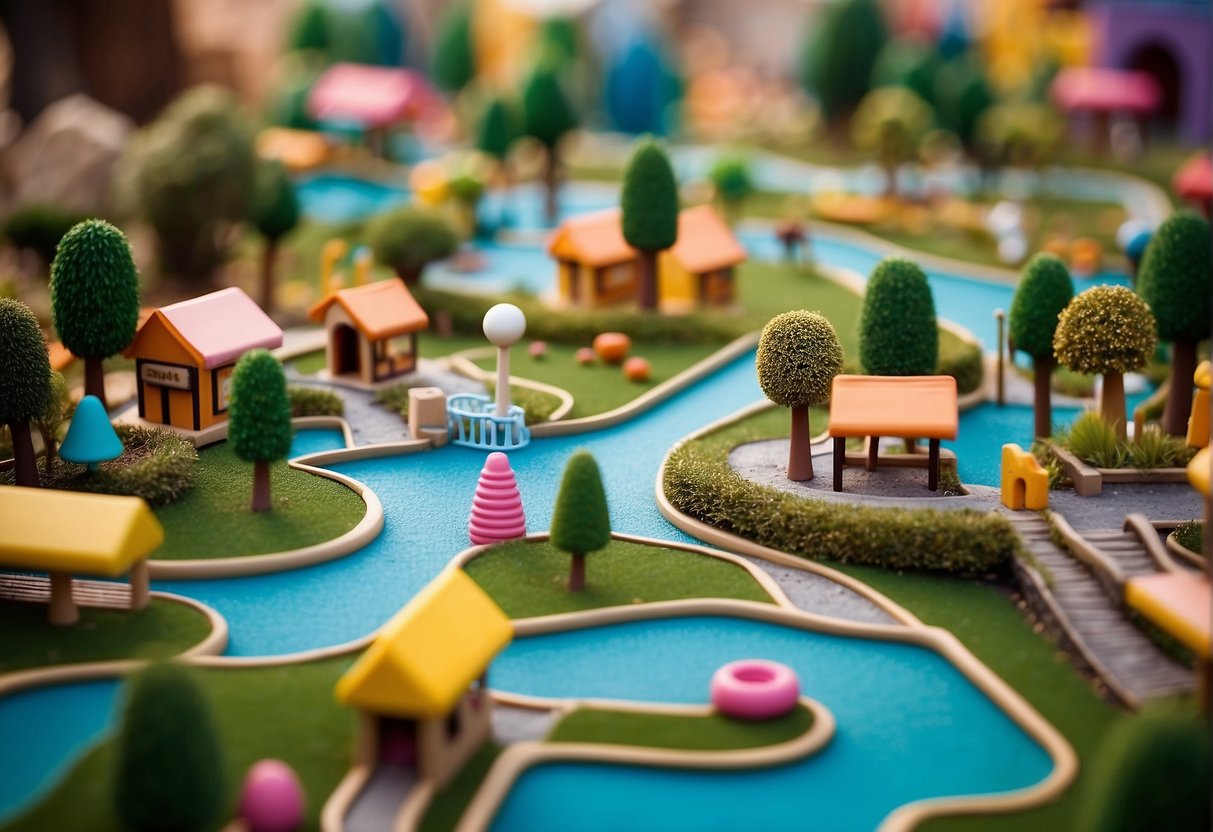 A vibrant mini golf course with colorful cultural symbols and landmarks from around the world, blending together in a playful and whimsical setting