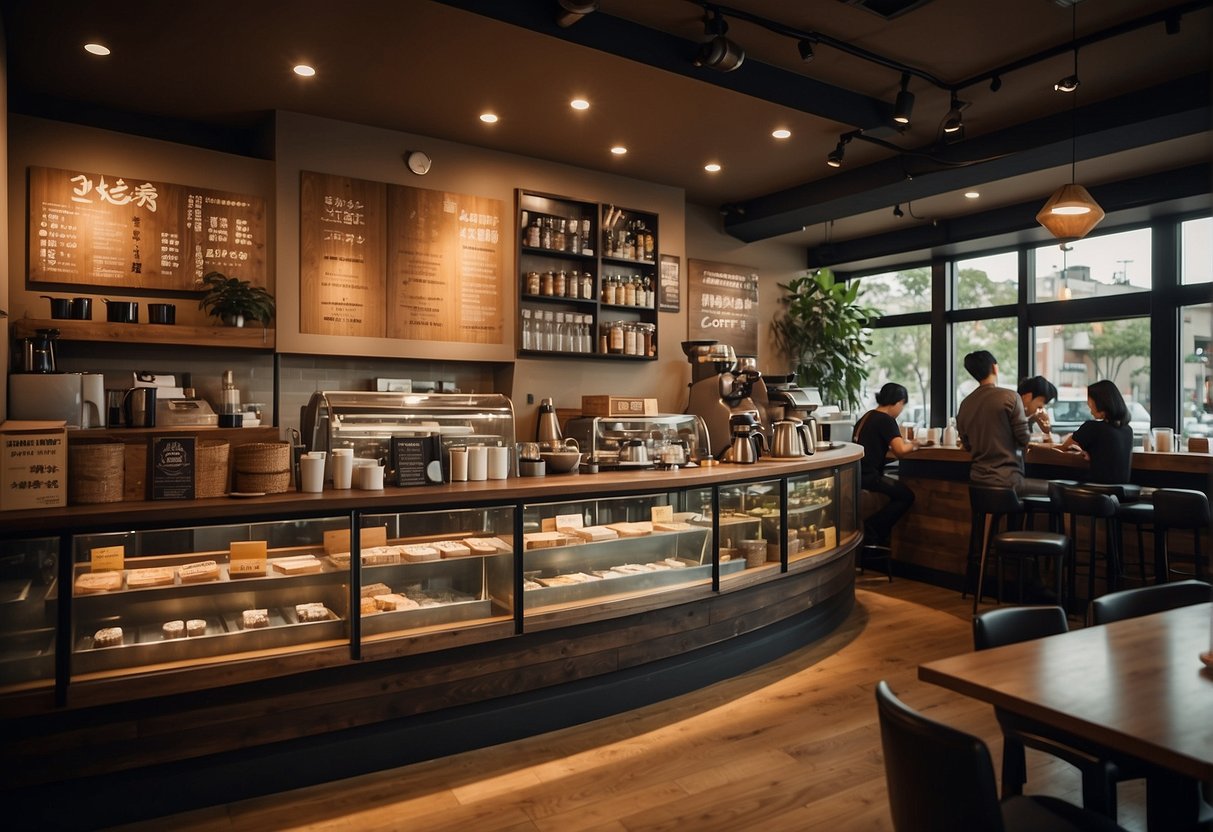 Customers enjoying various coffee promotions at Hoshino Coffee, with vibrant signage and cozy ambiance