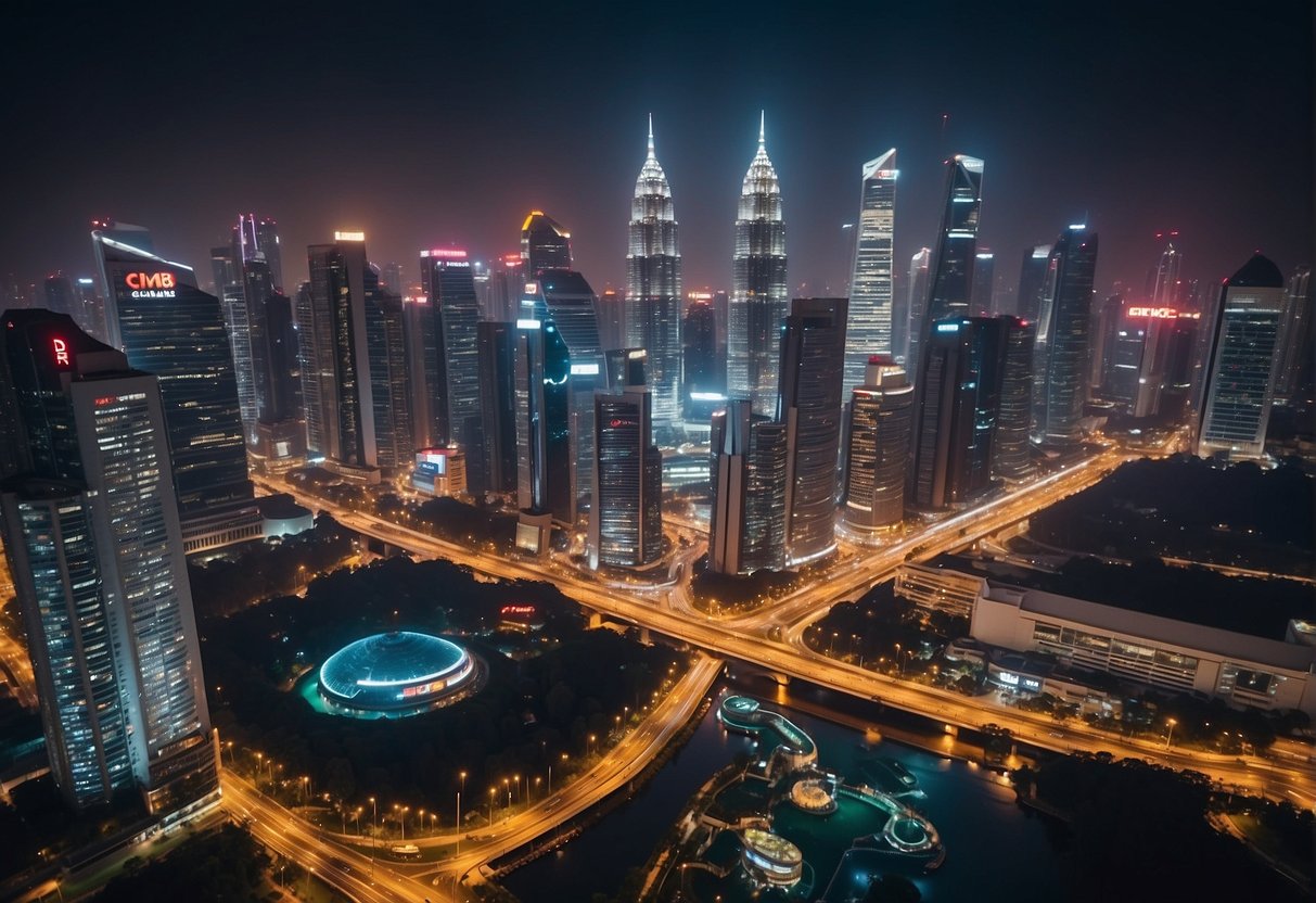 A vibrant city skyline with the CIMB logo prominently displayed, surrounded by various promotional offers and benefits