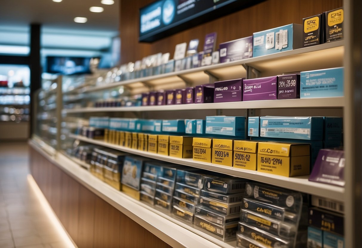 A display of contact lens packages with promotional signs in a Singaporean optical store