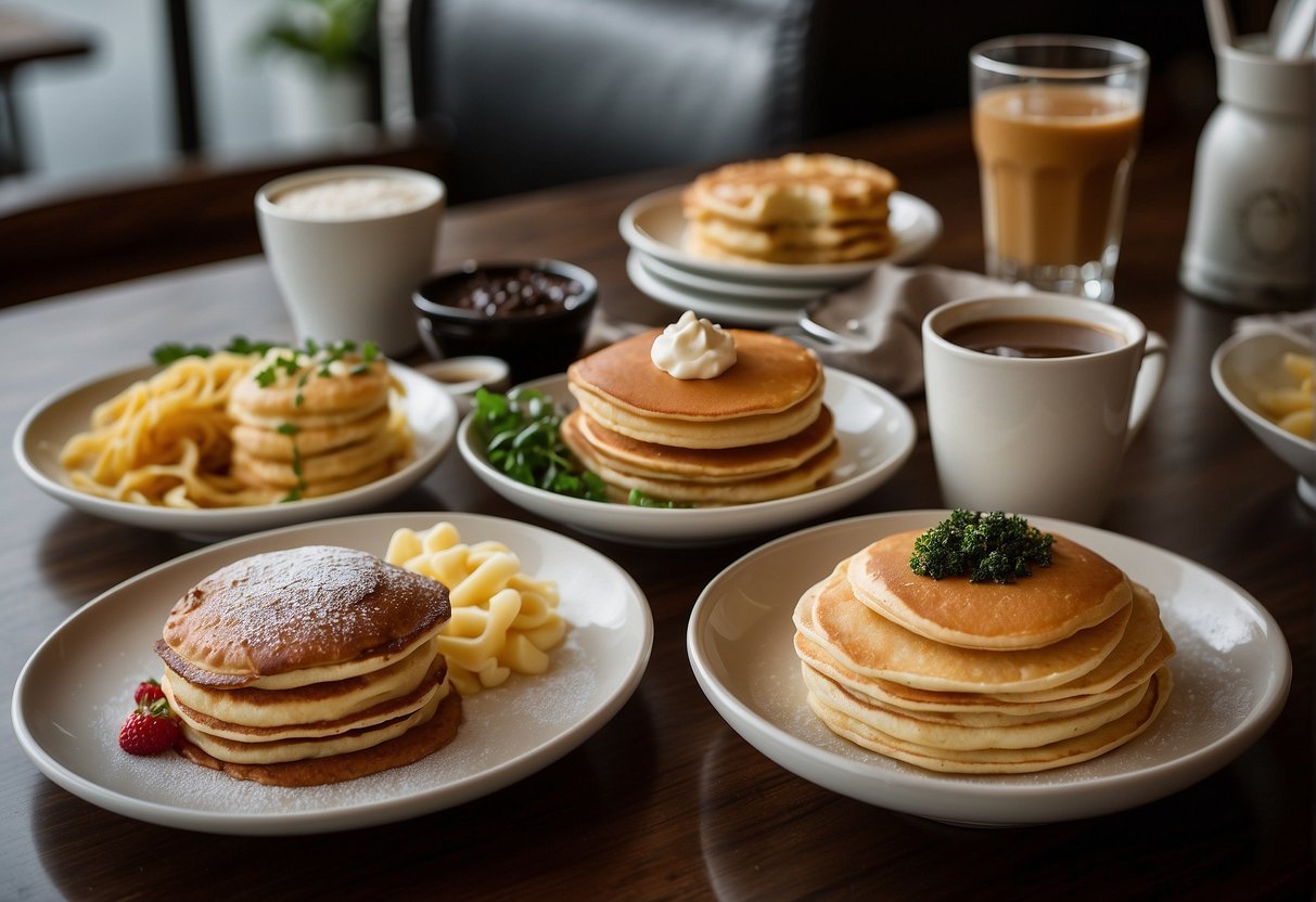 A spread of delectable menu items at Hoshino Coffee, including fluffy souffle pancakes, rich coffee drinks, and savory pasta dishes