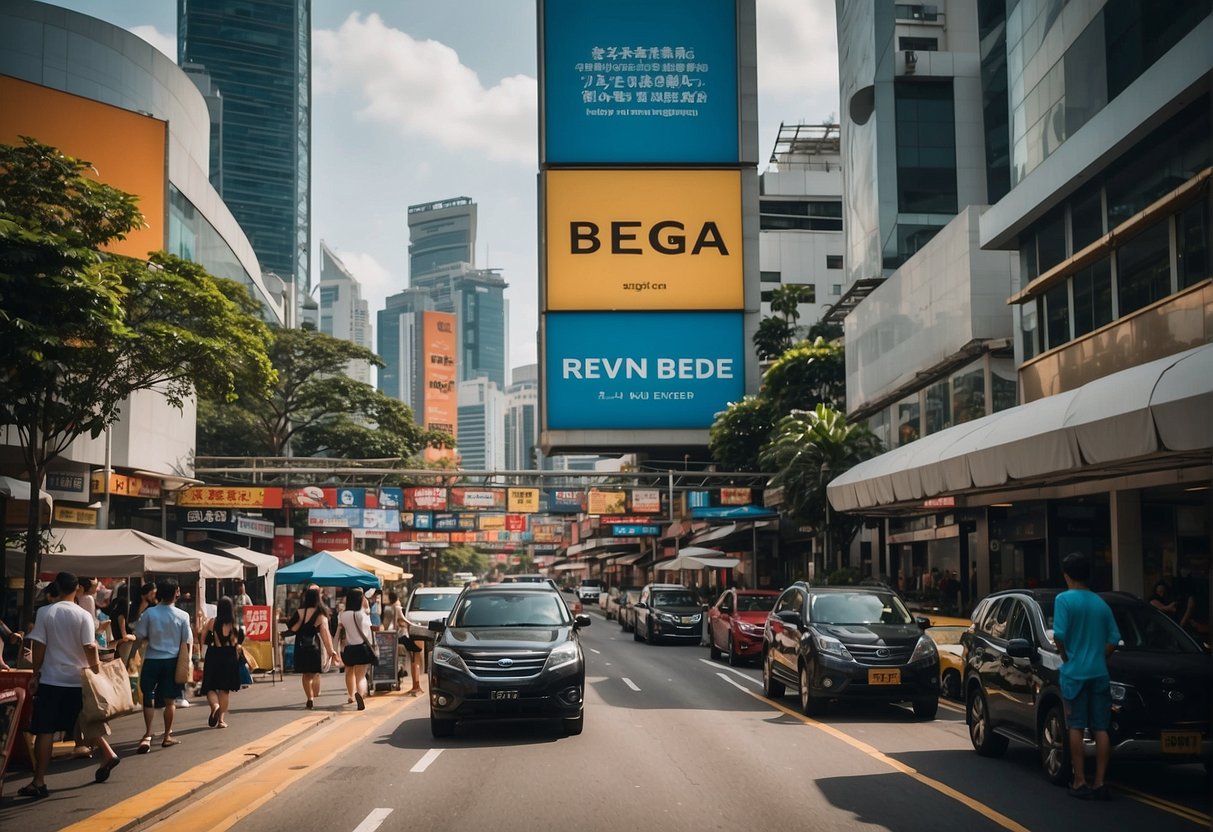 A bustling street in Singapore, with colorful banners and signs promoting Bega products. The skyline is filled with modern buildings, and people are seen going about their day