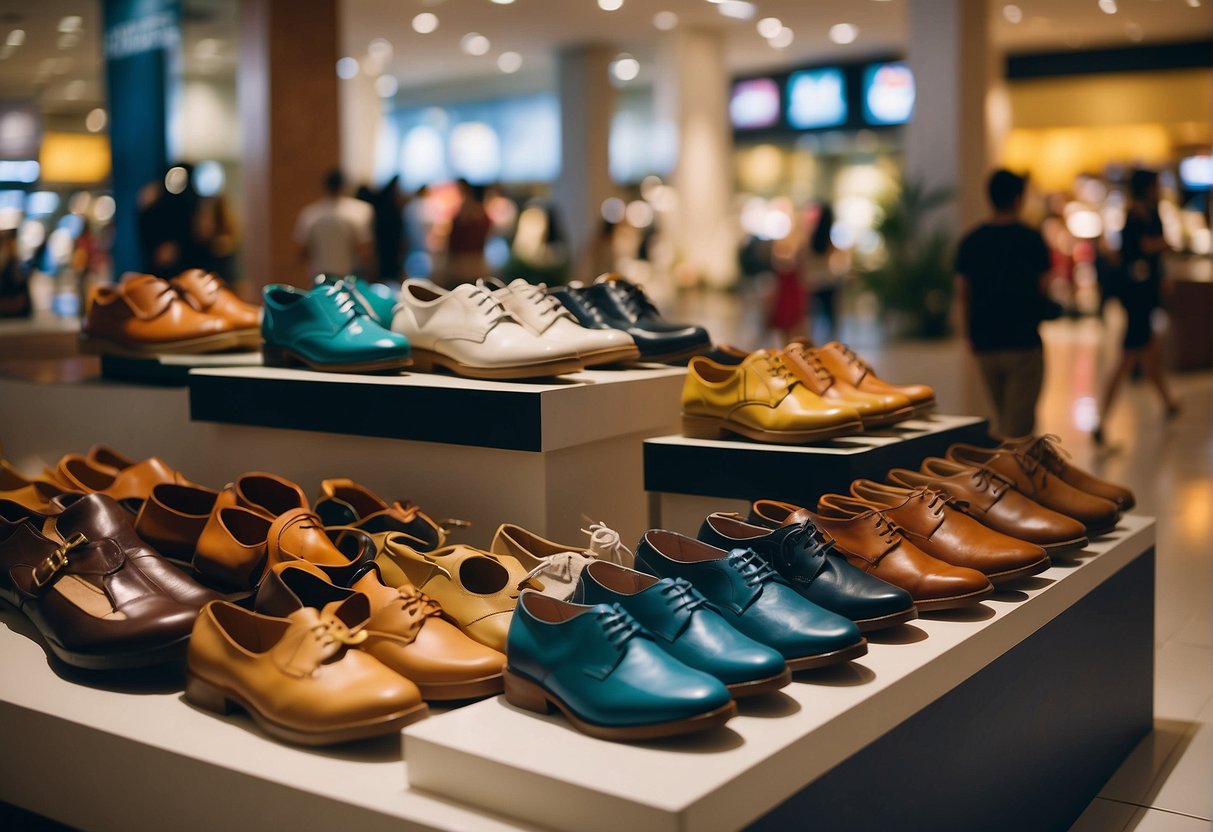 A colorful display of Hush Puppies shoes and promotional materials in a bustling Singapore shopping mall