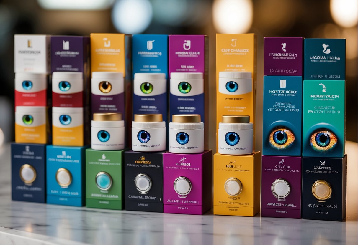 A display of colorful contact lens boxes arranged on a sleek, modern counter with promotional signs and banners surrounding the products