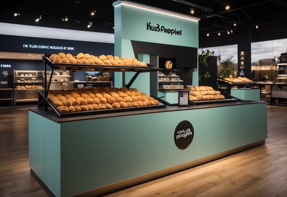 A group of hush puppies products displayed on a sleek, modern promotional stand with the Exclusive 2024 Promotions logo prominently featured