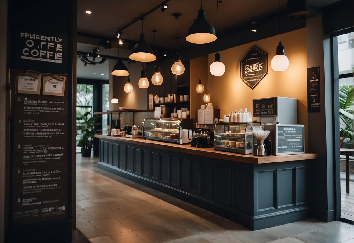 A cozy cafe with a prominent "Frequently Asked Questions" sign and promotional materials for Hoshino Coffee in Singapore