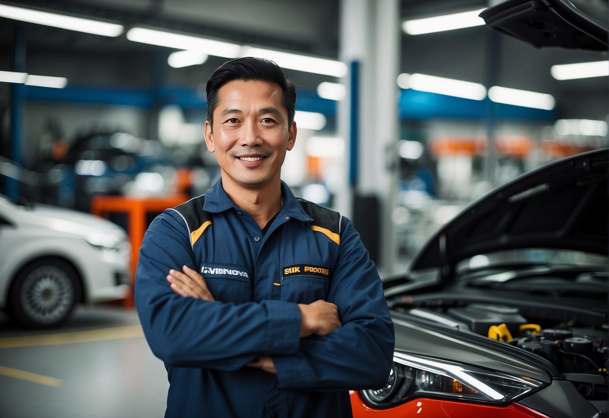 A mechanic in a clean, well-lit garage in Singapore, surrounded by modern car servicing equipment and promotional banners for 2024 promotions