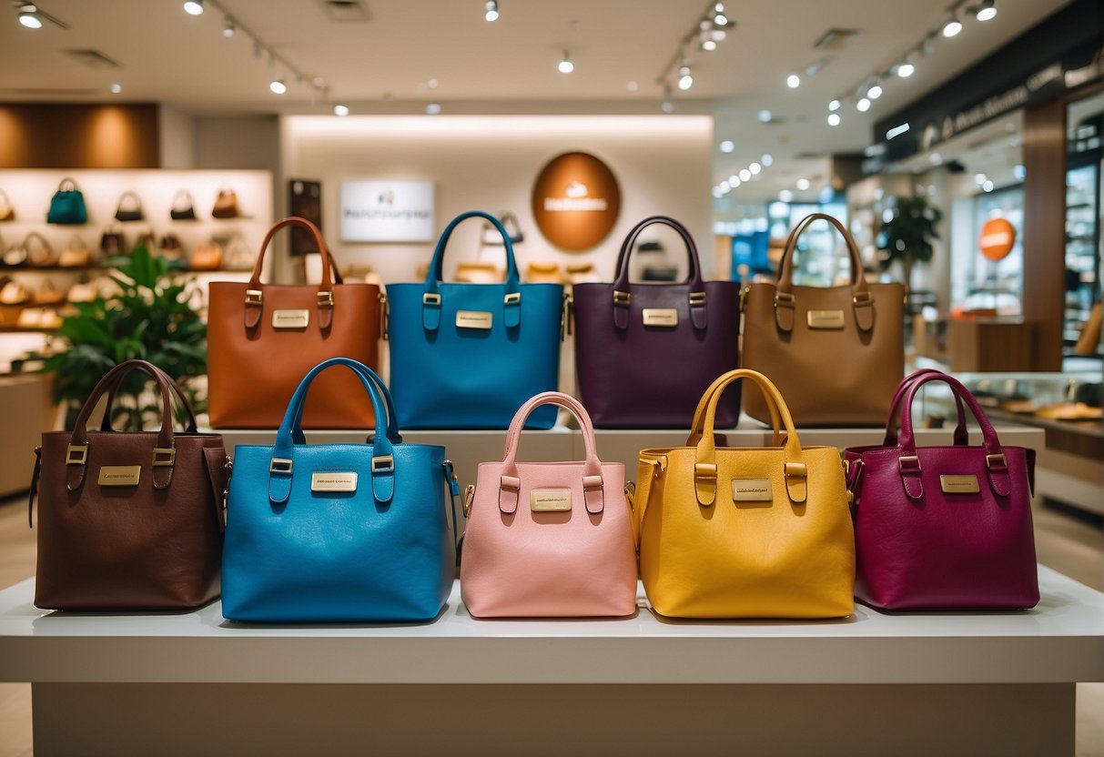 Colorful bags and accessories displayed in a well-lit store, with promotional signs for Hush Puppies in Singapore