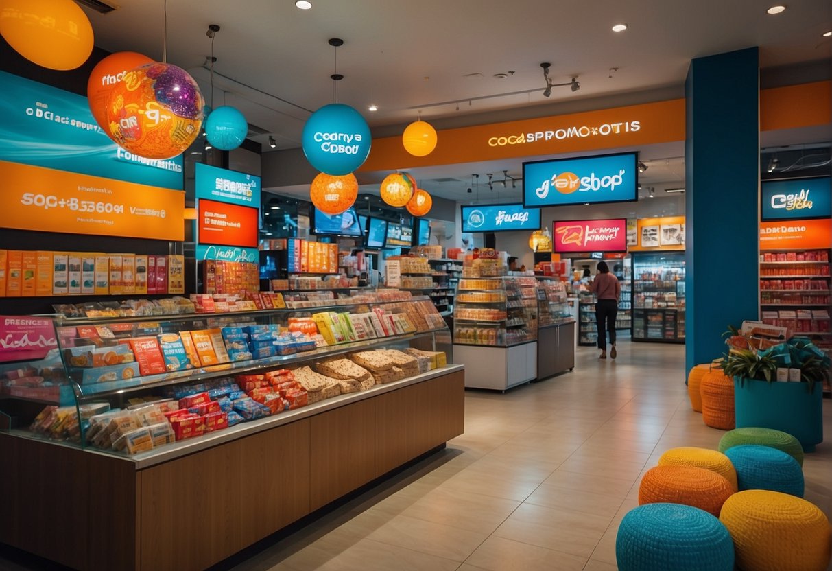 A vibrant display of Codashop promotions in Singapore, featuring bold colors and eye-catching graphics. The scene exudes a sense of excitement and opportunity