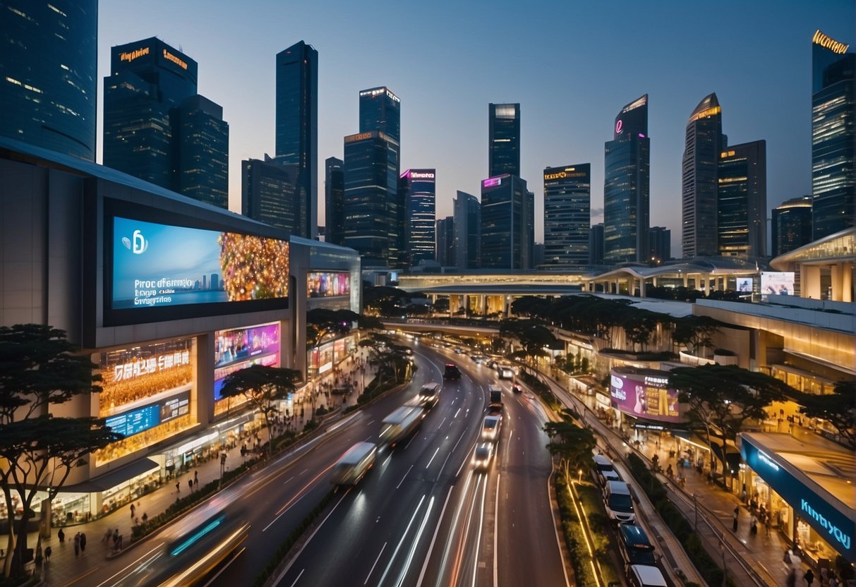 A bustling Singapore cityscape with prominent Codashop promotions displayed on large billboards and digital screens, surrounded by vibrant shops and enthusiastic gamers