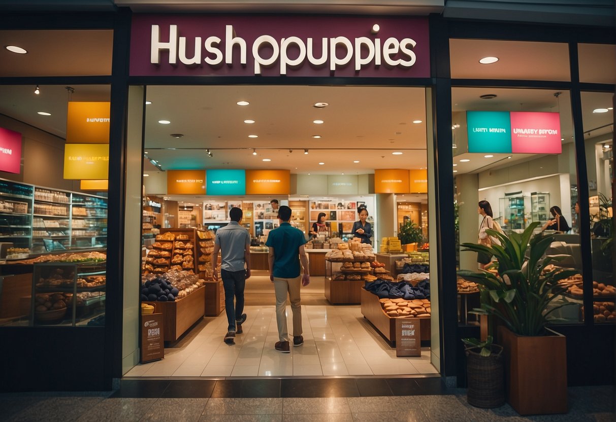 A colorful display of Hush Puppies promotions in a bustling Singapore storefront. Bright signage, stylish footwear, and eager customers