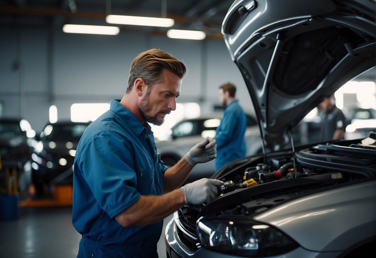 A technician performs a thorough inspection on a car, checking fluids, filters, and tire pressure, while a promotional banner for car servicing hangs in the background