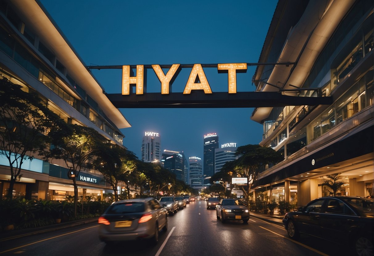 A bustling city street with a prominent Hyatt hotel sign, surrounded by vibrant shops and restaurants in Singapore