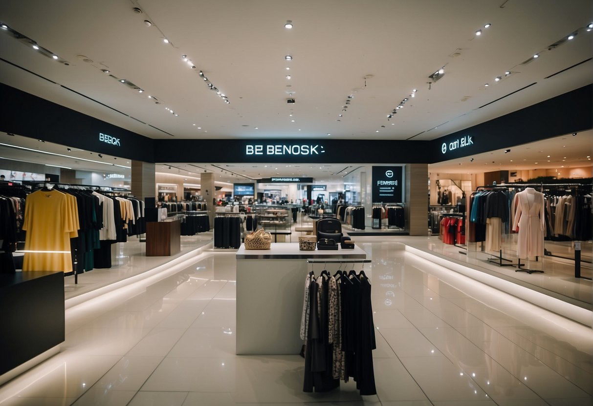 Fashion deals displayed at Bedok Mall with vibrant signage and stylish products. Excited shoppers browsing through racks and admiring the exclusive promotions