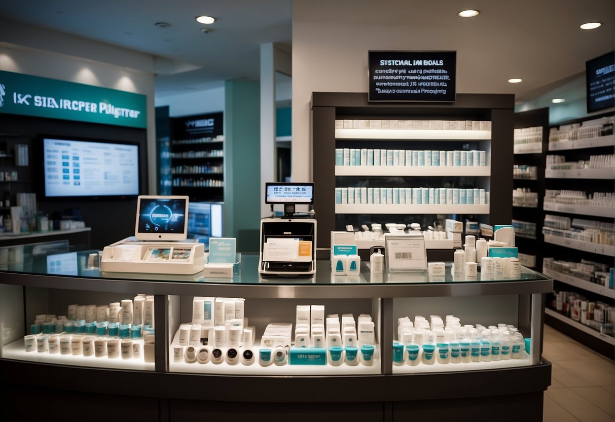 A table with various contact lens products, promotional signage, and a display of eye care essentials in a Singaporean optometry store