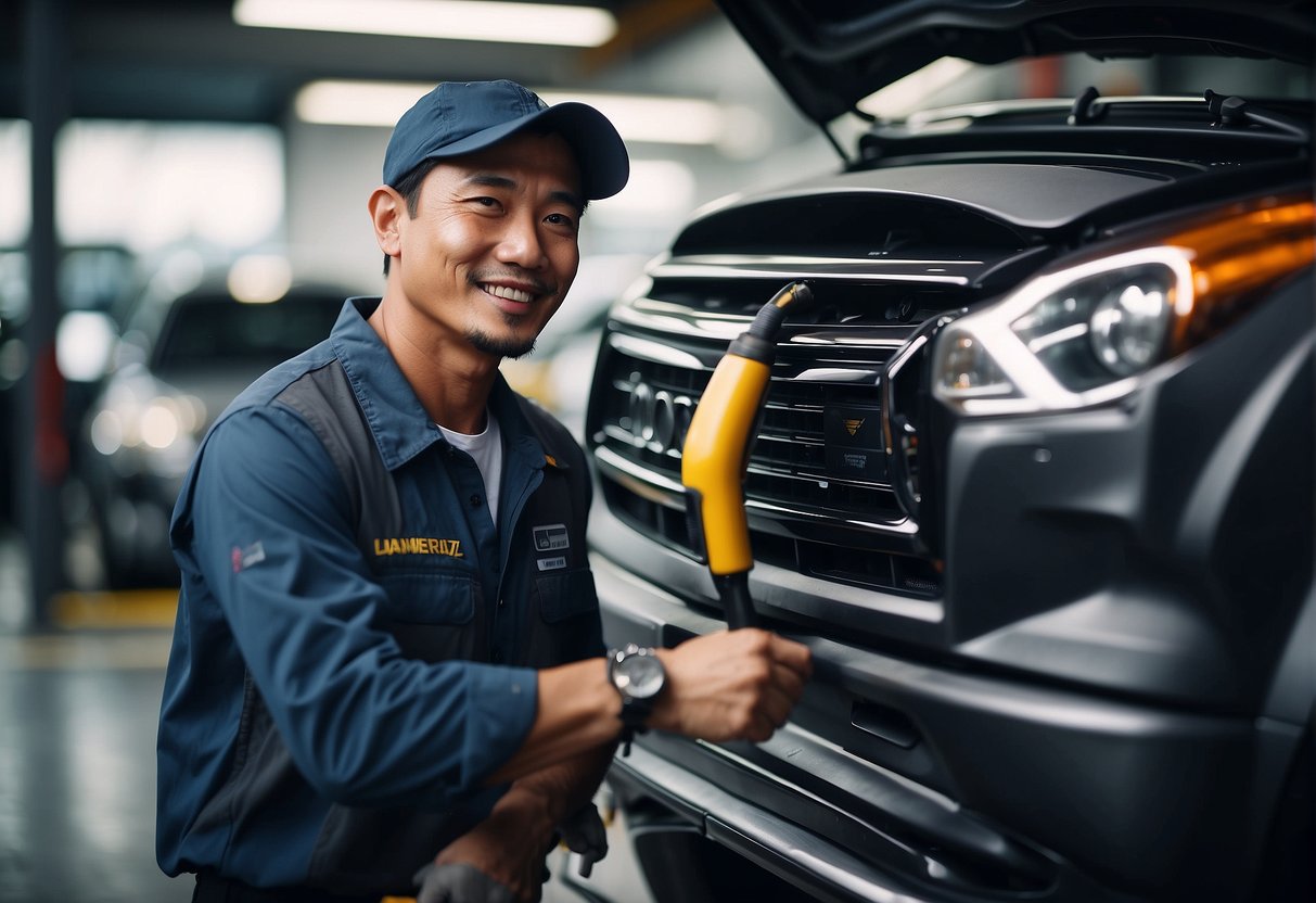 A mechanic in Singapore promotes car servicing deals, surrounded by tools and vehicles