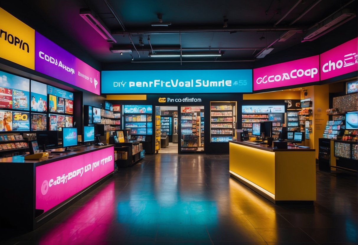 A vibrant digital storefront with promotional banners for Codashop in Singapore, surrounded by gaming resources and accessories