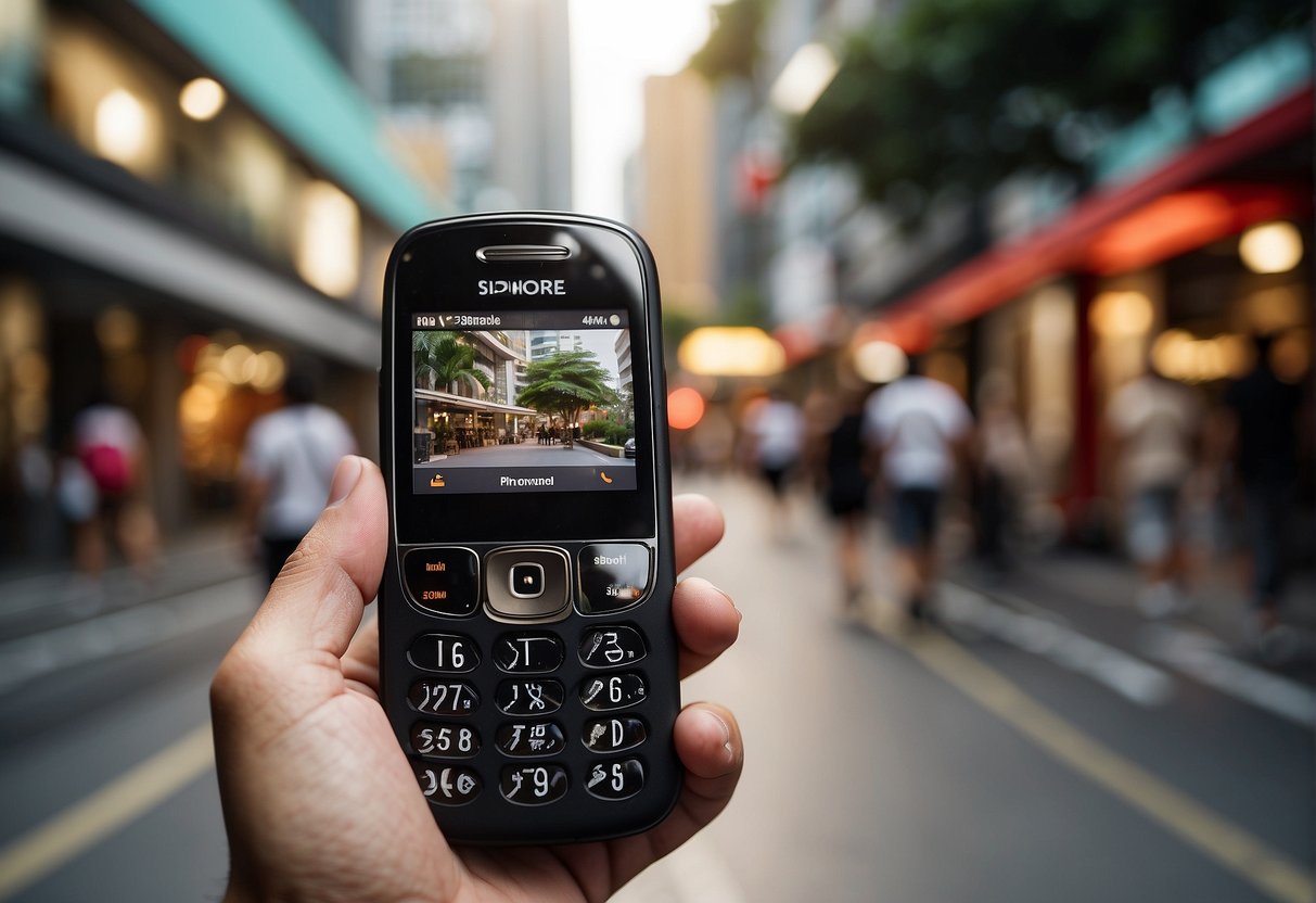 A hand holding a cordless phone with a promotional banner in the background, showcasing the latest deals in Singapore