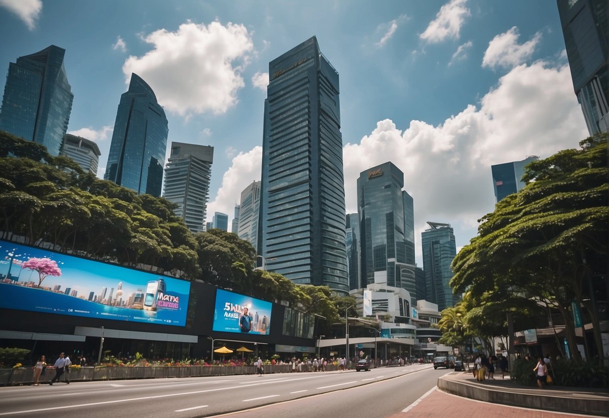 A bustling city street in Singapore, with towering skyscrapers and colorful billboards promoting IMAX movie screenings