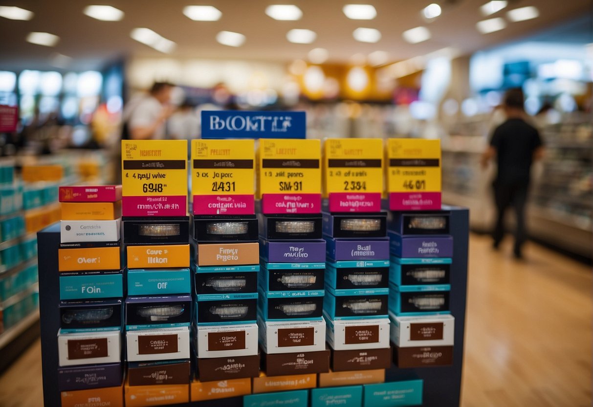 A colorful display of contact lens packages with promotional signs in a Singaporean optometry store