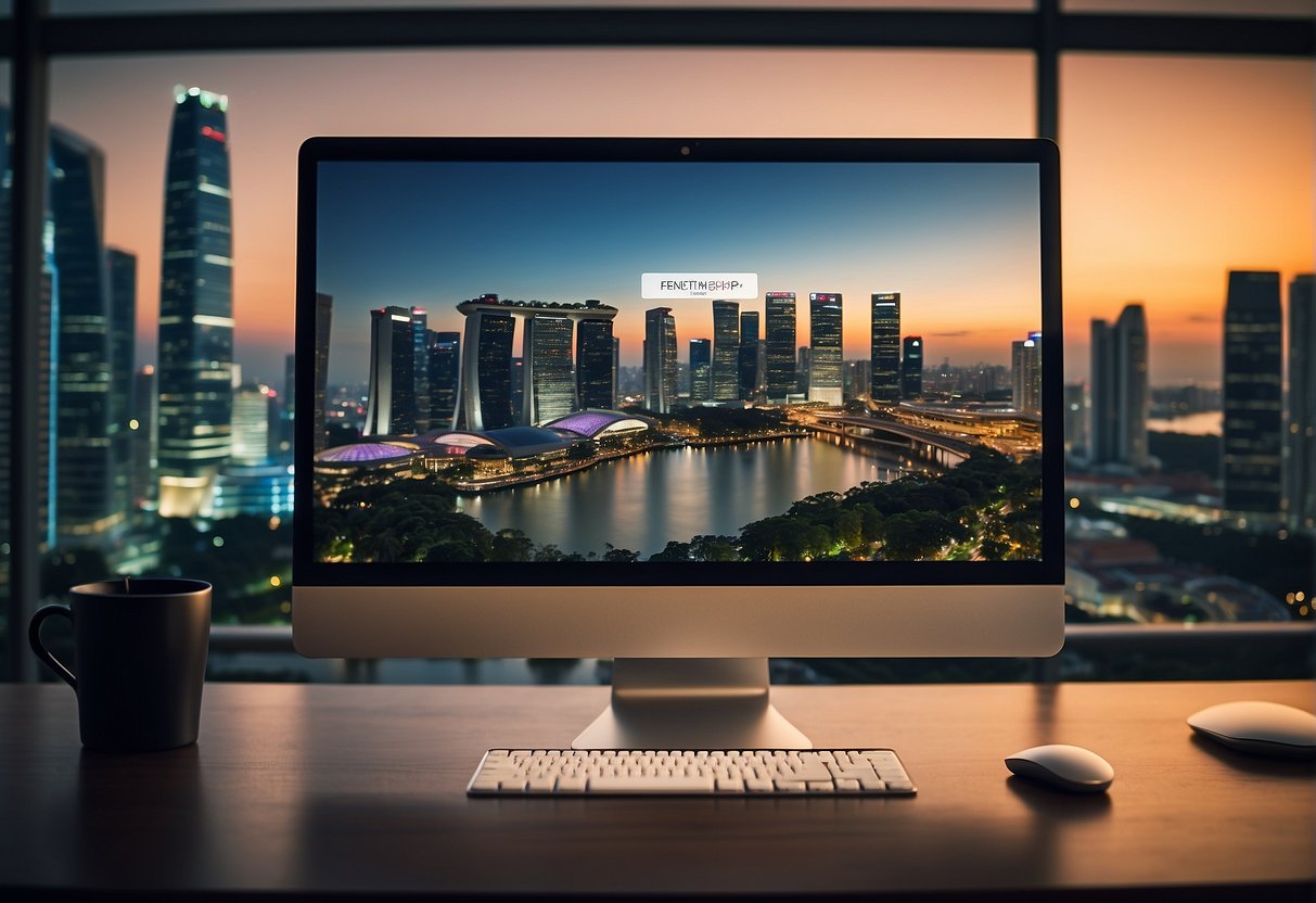 A computer screen displaying "Frequently Asked Questions" and "Codashop promotions Singapore" with a stylized background of the Singapore skyline
