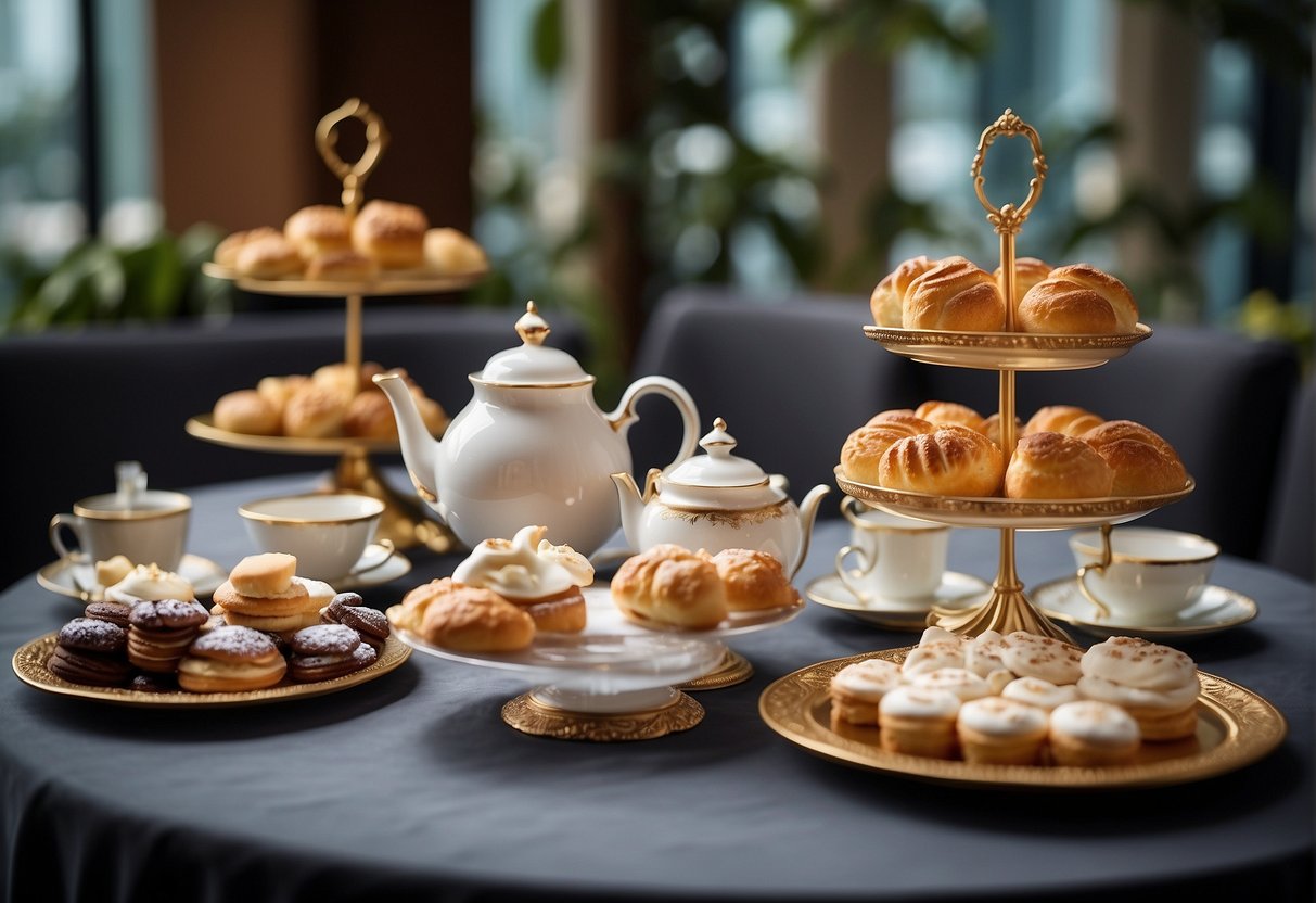 A table set with delicate teacups, tiered trays of pastries, and elegant floral arrangements at a luxurious hotel in Singapore
